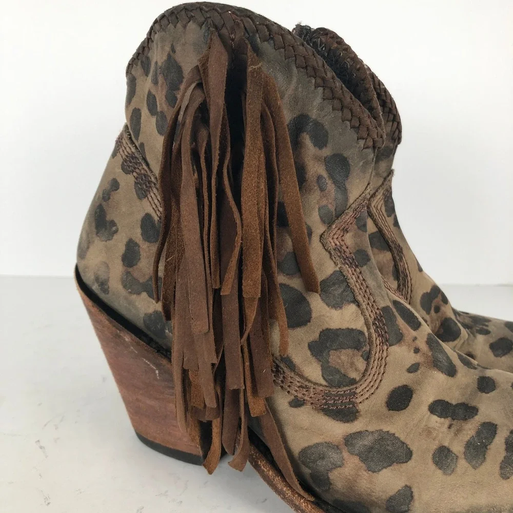 LIBERTY BLACK Leopard Print Fringe Western Ankle Boots Sz 7 Brown Leather Boho